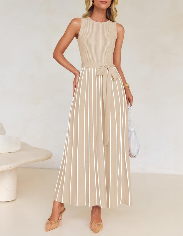 ZESICA Women's Summer Sleeveless Midi Dress 2025 Crewneck Ribbed Knit Tie Waist Casual A Line Swing Dresses