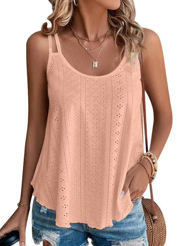 KKJ Womens Cute Tank Tops Eyelet Sleeveless Spaghetti Strap Scoop Neck Loose Casual 2025 Summer Beach Vacation Flowy Shirts