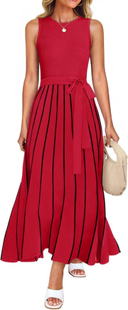 ZESICA Women's Summer Sleeveless Midi Dress 2025 Crewneck Ribbed Knit Tie Waist Casual A Line Swing Dresses