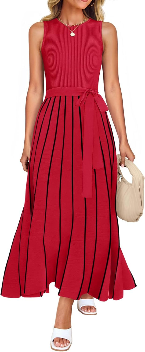 ZESICA Women's Summer Sleeveless Midi Dress 2025 Crewneck Ribbed Knit Tie Waist Casual A Line Swing Dresses
