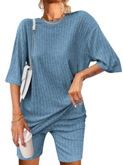 Ekouaer Pajamas 2 Piece Lounge Sets Ribbed Knit Matching Outfits T-shirt Biker Shorts Sleepwear Loungewear Sweatsuits
