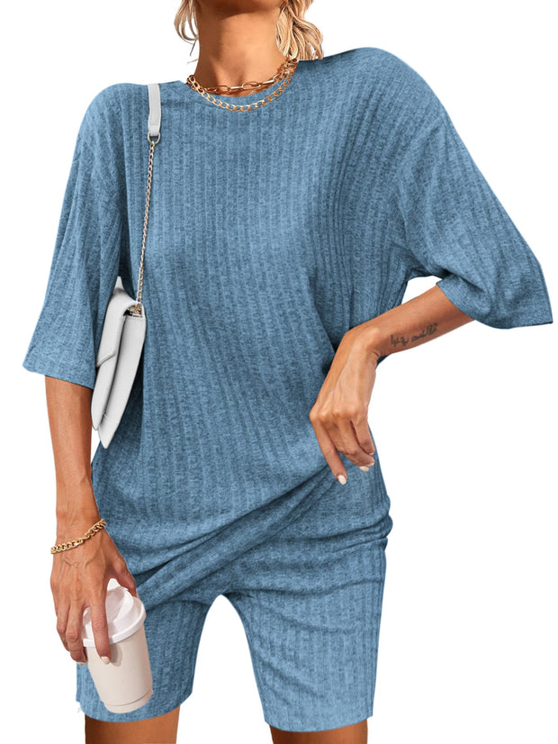 Ekouaer Pajamas 2 Piece Lounge Sets Ribbed Knit Matching Outfits T-shirt Biker Shorts Sleepwear Loungewear Sweatsuits