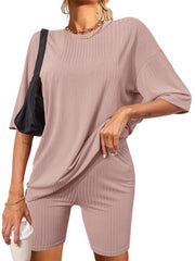 Ekouaer Pajamas 2 Piece Lounge Sets Ribbed Knit Matching Outfits T-shirt Biker Shorts Sleepwear Loungewear Sweatsuits