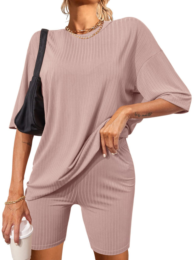 Ekouaer Pajamas 2 Piece Lounge Sets Ribbed Knit Matching Outfits T-shirt Biker Shorts Sleepwear Loungewear Sweatsuits