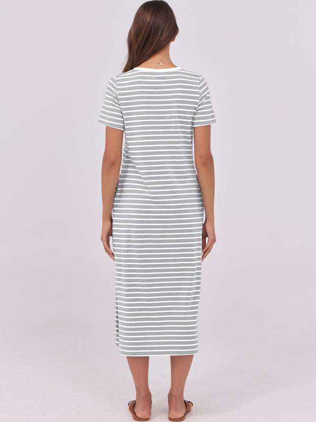 ANRABESS Womens Summer Casual Midi Dress Short Sleeve Crewneck T Shirt Long Dresses Split Stripe Beach Vacation Travel Outfit Small