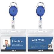 Will Well ID Badge Holders with Clip and Keyring - Horizontal Clear Plastic 2.52" x 3.58" Sleeves Fit Up to 3 Cards - Retractable 24" UHMWPE Fiber Pull Cords for Easy Access - 2-Pack, Black Reels