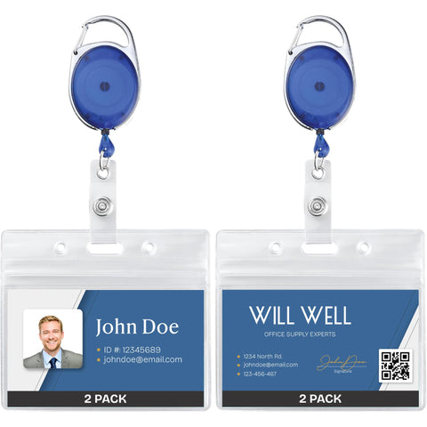 Will Well ID Badge Holders with Clip and Keyring - Horizontal Clear Plastic 2.52" x 3.58" Sleeves Fit Up to 3 Cards - Retractable 24" UHMWPE Fiber Pull Cords for Easy Access - 2-Pack, Black Reels