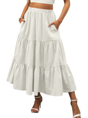 ANRABESS Women’s Summer Boho Flowy Swing Tiered A-Line Maxi Skirt 2025 Fashion Trendy Elastic Waist Pleated Long Beach Dress