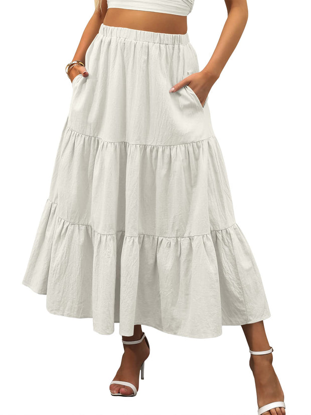 ANRABESS Women’s Summer Boho Flowy Swing Tiered A-Line Maxi Skirt 2025 Fashion Trendy Elastic Waist Pleated Long Beach Dress