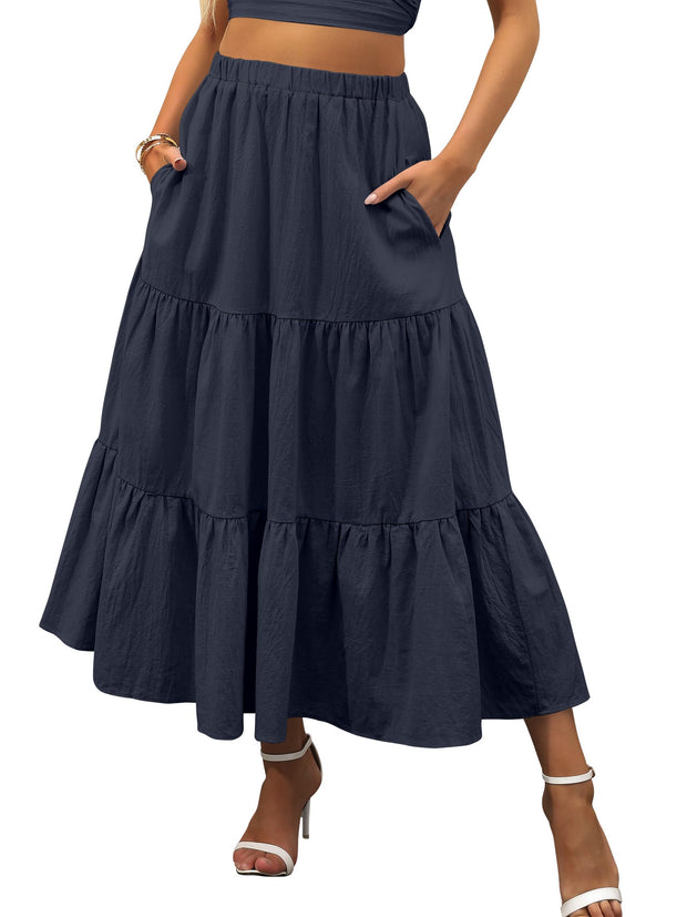 ANRABESS Women’s Summer Boho Flowy Swing Tiered A-Line Maxi Skirt 2025 Fashion Trendy Elastic Waist Pleated Long Beach Dress