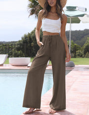 Faleave Women's Cotton Linen Summer Palazzo Pants Flowy Wide Leg Beach Trousers with Pockets