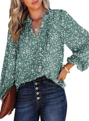 Dokotoo Women's Casual V Neck Alicia Floral Print Smocked Long Sleeve Chiffon Blouses Bohemian Top Shirts