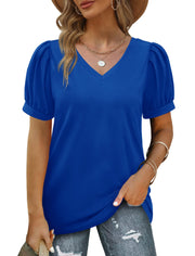 Geifa Womens Summer Tops Puff Short Sleeve V Neck T Shirts Loose Casual Tshirts