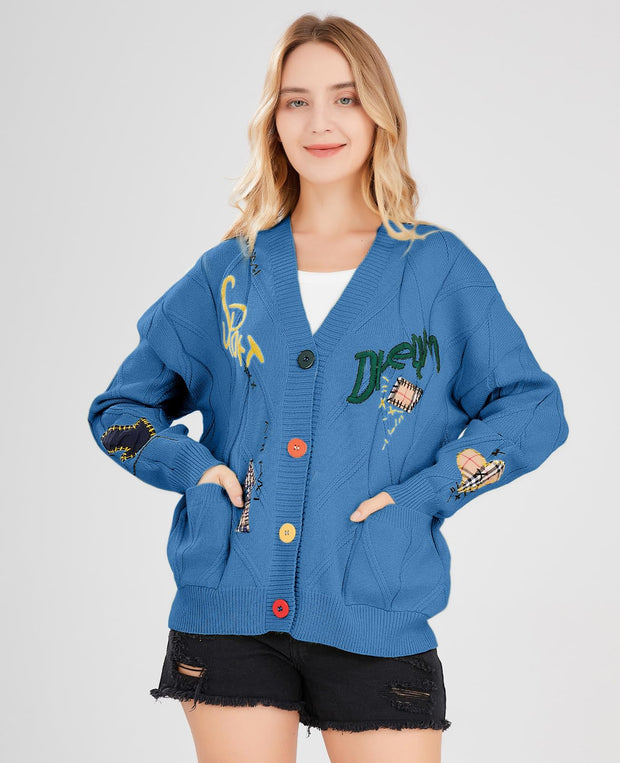 Women's Cable Knit Long Sleeve Open Front Cardigan Sheep V-Neck Button Down Embroidery Wool Blend Sweater Coat Outwear