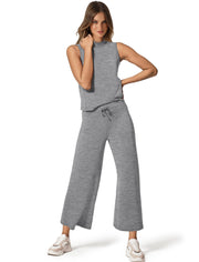 SAMPEEL Two Piece Sets for Women Summer Outfits Lounge Sets Mock Neck Tops Wide Leg Crop Pants Vacation Travel Outfits