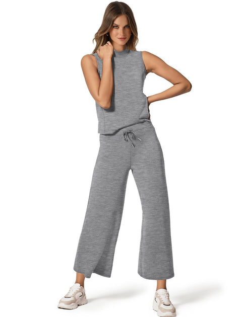 SAMPEEL Two Piece Sets for Women Summer Outfits Lounge Sets Mock Neck Tops Wide Leg Crop Pants Vacation Travel Outfits