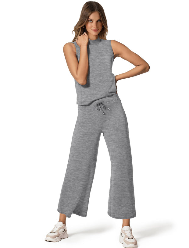 SAMPEEL Two Piece Sets for Women Summer Outfits Lounge Sets Mock Neck Tops Wide Leg Crop Pants Vacation Travel Outfits