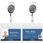 Will Well ID Badge Holders with Clip and Keyring - Horizontal Clear Plastic 2.52" x 3.58" Sleeves Fit Up to 3 Cards - Retractable 24" UHMWPE Fiber Pull Cords for Easy Access - 2-Pack, Black Reels