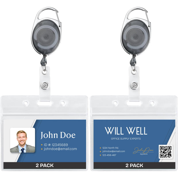 Will Well ID Badge Holders with Clip and Keyring - Horizontal Clear Plastic 2.52" x 3.58" Sleeves Fit Up to 3 Cards - Retractable 24" UHMWPE Fiber Pull Cords for Easy Access - 2-Pack, Black Reels