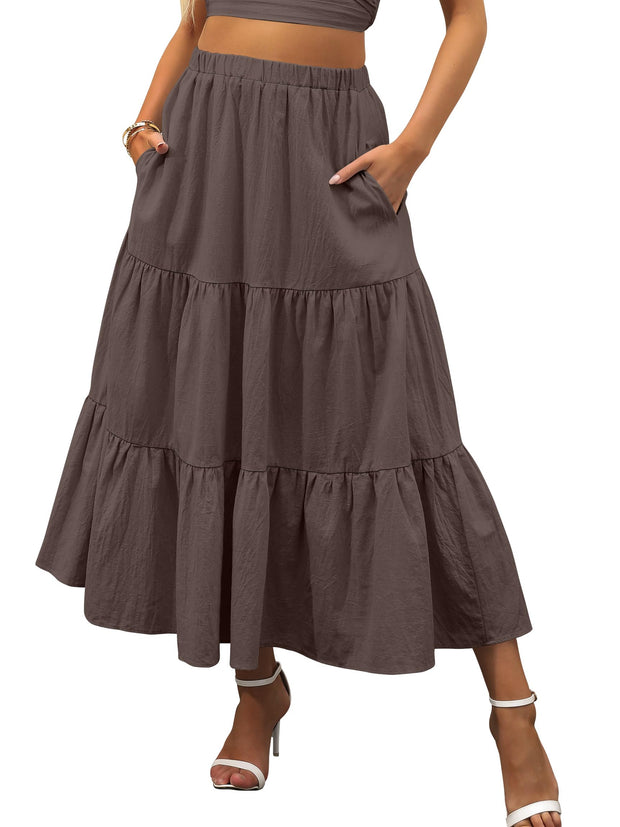 ANRABESS Women’s Summer Boho Flowy Swing Tiered A-Line Maxi Skirt 2025 Fashion Trendy Elastic Waist Pleated Long Beach Dress