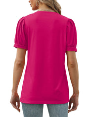Geifa Womens Summer Tops Puff Short Sleeve V Neck T Shirts Loose Casual Tshirts