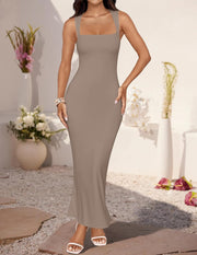 ZESICA Women's Summer Bodycon Midi Dress Sleeveless Square Neck Slim Fit Back Slit Long Cocktail Party Dresses