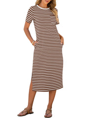 ANRABESS Womens Summer Casual Midi Dress Short Sleeve Crewneck T Shirt Long Dresses Split Stripe Beach Vacation Travel Outfit Small