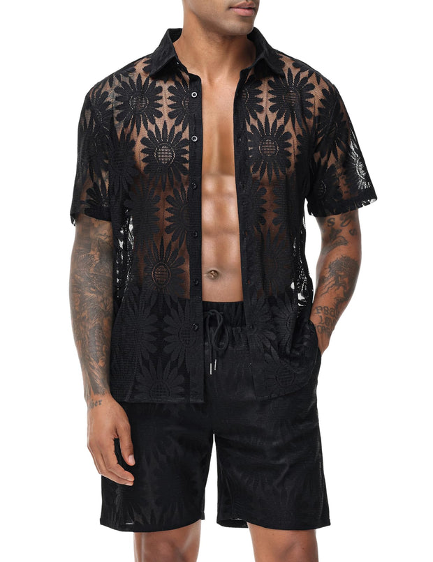 LecGee Men Summer Casual Short Sets Lace Short Sleeve Button Down Shirt Elastic Waist Shorts 2 Piece Outfits Tracksuit