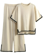 Tanming Sweater Sets Women 2 Piece Lounge Sets Short Sleeve Knit Pullover Tops Wide Leg Pants