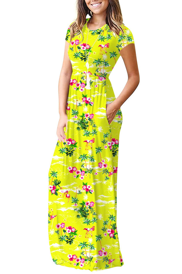 DEARCASE Maxi Dress for Women Black Medium Crewneck Short Sleeves Wedding Guest A-line Casual Party Vintage Spring Summer Beach Long Dresses with Pockets