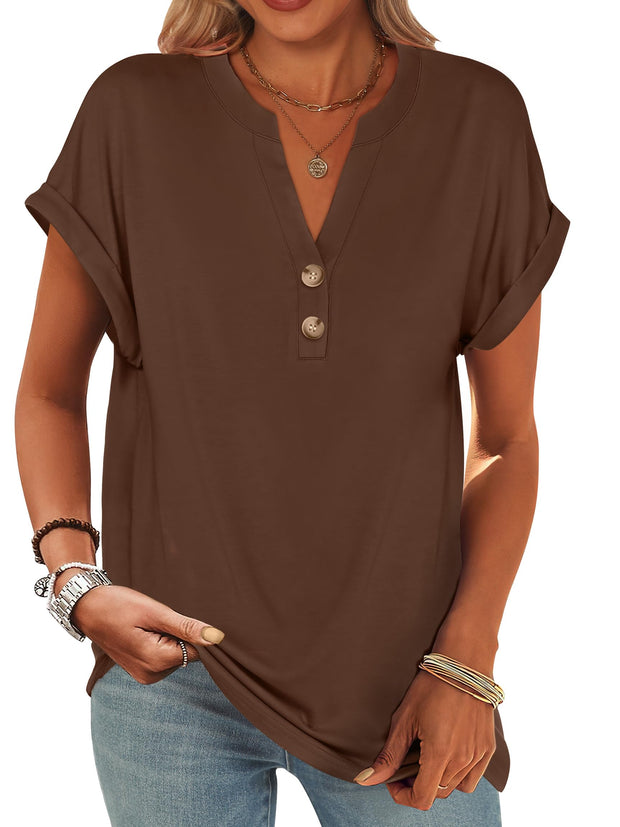 ANRABESS Womens Short Sleeve Henley Tops V Neck Dressy Casual Loose Fit Shirts Summer Flowy Blouses 2025 Trendy Clothes