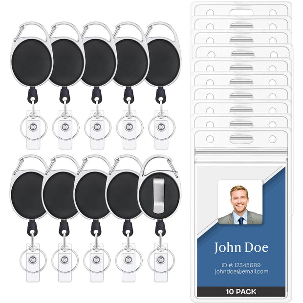 Will Well ID Badge Holders with Clip and Keyring - Horizontal Clear Plastic 2.52" x 3.58" Sleeves Fit Up to 3 Cards - Retractable 24" UHMWPE Fiber Pull Cords for Easy Access - 2-Pack, Black Reels