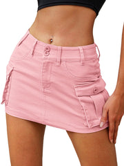 ELLEVEN High Stretchy Cargo Skirt for Women, Low Waist Y2k Mini Skirt Cute Denim Skirt with Pockets