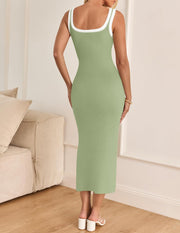 ZESICA Women's 2025 Summer Bodycon Midi Dress Casual Sleeveless Square Neck Side Slit Knit Vacation Long Dresses