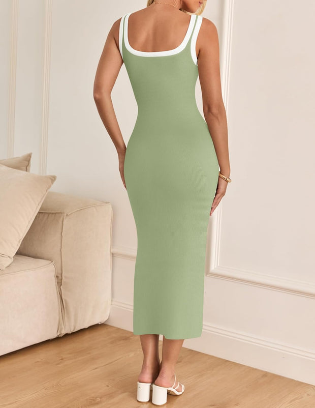 ZESICA Women's 2025 Summer Bodycon Midi Dress Casual Sleeveless Square Neck Side Slit Knit Vacation Long Dresses