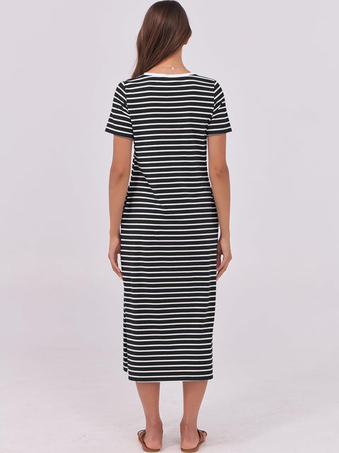 ANRABESS Womens Summer Casual Midi Dress Short Sleeve Crewneck T Shirt Long Dresses Split Stripe Beach Vacation Travel Outfit Small