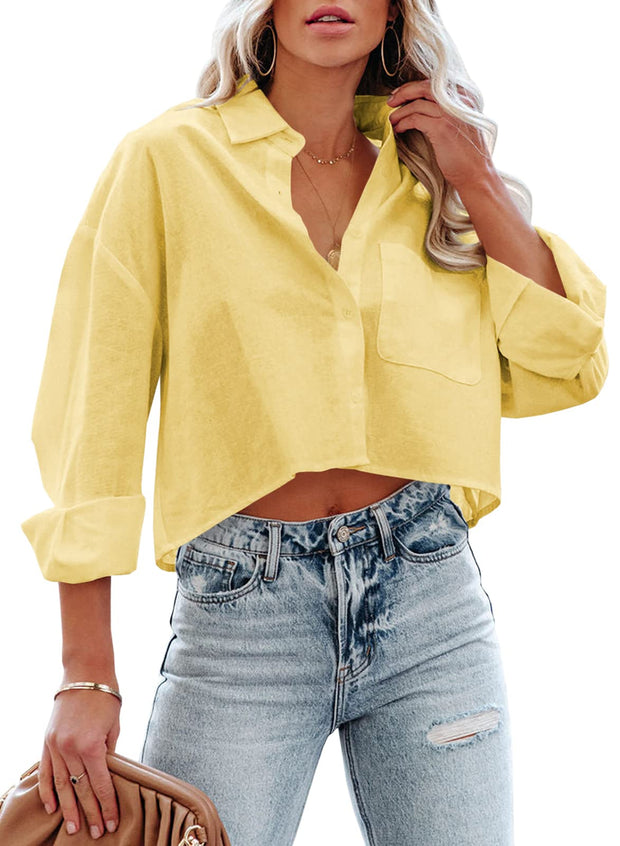 Tankaneo Womens Button Down Cropped Shirts Long Sleeve Casual Crop Tops Solid Lapel Blouse Shirt with Chest Pocket