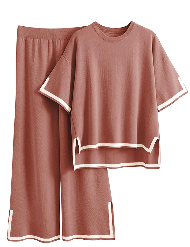 Tanming Sweater Sets Women 2 Piece Lounge Sets Short Sleeve Knit Pullover Tops Wide Leg Pants