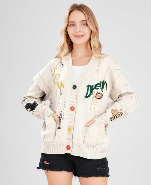 Women's Cable Knit Long Sleeve Open Front Cardigan Sheep V-Neck Button Down Embroidery Wool Blend Sweater Coat Outwear