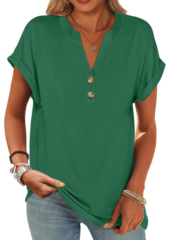 ANRABESS Womens Short Sleeve Henley Tops V Neck Dressy Casual Loose Fit Shirts Summer Flowy Blouses 2025 Trendy Clothes