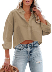 Tankaneo Womens Button Down Cropped Shirts Long Sleeve Casual Crop Tops Solid Lapel Blouse Shirt with Chest Pocket