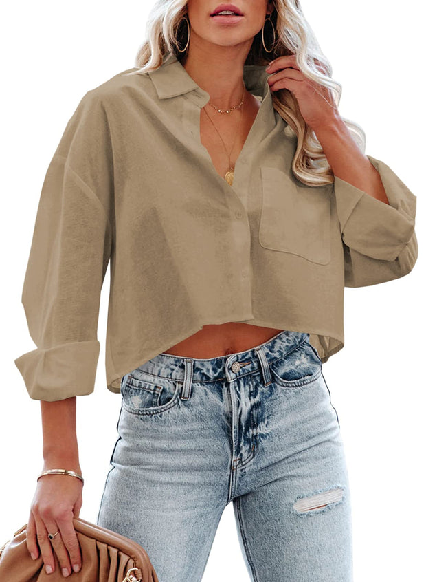 Tankaneo Womens Button Down Cropped Shirts Long Sleeve Casual Crop Tops Solid Lapel Blouse Shirt with Chest Pocket