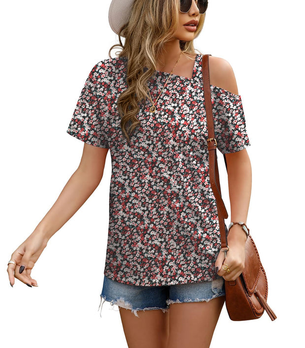 JINKESI Women's Short Sleeve Tunic Tops Casual Summer Cold Shoulder Blouse Shirts
