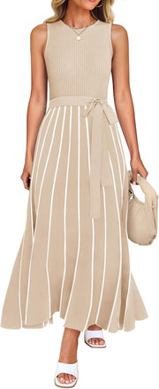 ZESICA Women's Summer Sleeveless Midi Dress 2025 Crewneck Ribbed Knit Tie Waist Casual A Line Swing Dresses