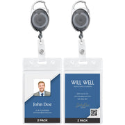 Will Well ID Badge Holders with Clip and Keyring - Horizontal Clear Plastic 2.52" x 3.58" Sleeves Fit Up to 3 Cards - Retractable 24" UHMWPE Fiber Pull Cords for Easy Access - 2-Pack, Black Reels