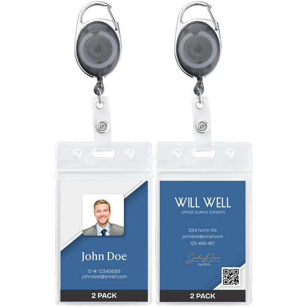 Will Well ID Badge Holders with Clip and Keyring - Horizontal Clear Plastic 2.52" x 3.58" Sleeves Fit Up to 3 Cards - Retractable 24" UHMWPE Fiber Pull Cords for Easy Access - 2-Pack, Black Reels