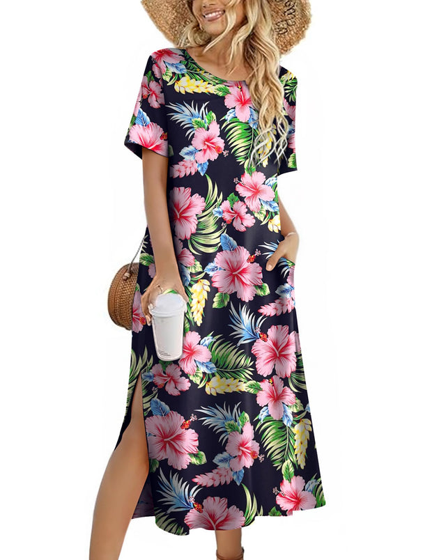 Zeagoo Women Long Sun Dress Summer T Shirt Dresses Beach Dress Casual Short Sleeve Tropical O Neck A Line Maxi Dresses Loose Side Slit Cover Up with Pockets 2025 Black XXL