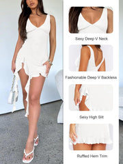 Women Sleeveless Sexy V Neck Bodycon Mini Dress Summer Side Slit Mesh Irregular Ruffle Hem Backless Short Dress