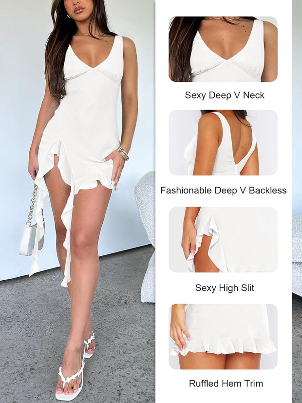 Women Sleeveless Sexy V Neck Bodycon Mini Dress Summer Side Slit Mesh Irregular Ruffle Hem Backless Short Dress