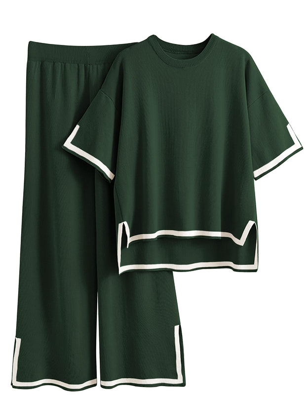 Tanming Sweater Sets Women 2 Piece Lounge Sets Short Sleeve Knit Pullover Tops Wide Leg Pants